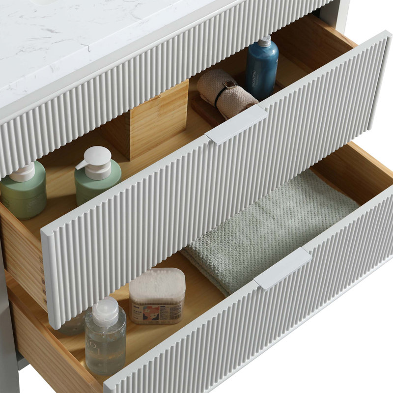 Ensemble de meuble-lavabo autoportant 36 po avec 2 ensembles de poignées et plateau en marbre d'ingénierie entièrement assemblé