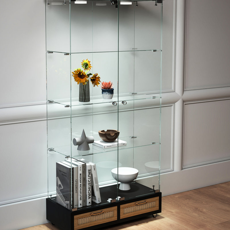 Armoire rapide à assemblage rapide, présentoir en verre à 2 portes avec 4 tablettes, noir et naturel, éclairage à DEL de 13 couleurs, pour objets de collection dans un bureau, vin