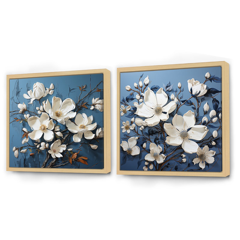 Magnolia bleu et blanc Blooming Elegant - Magnolias carré, ensemble de 2 collages, Cadre flottant brun, H 36 po x l 73 po