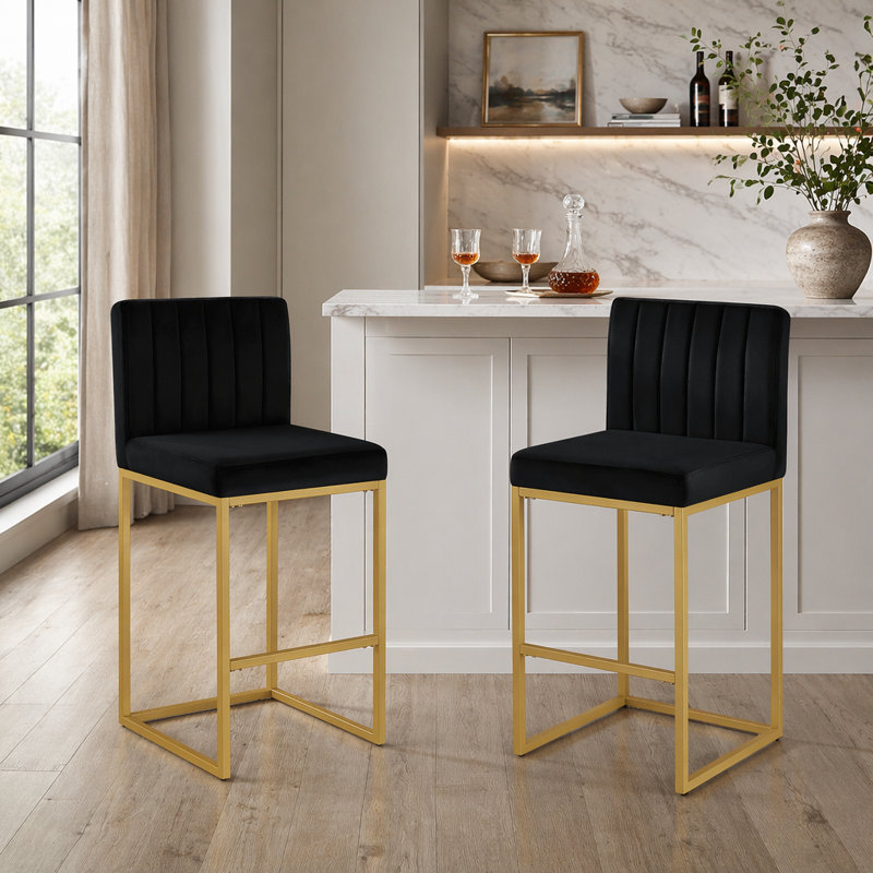 Tabouret à hauteur de comptoir moderne avec dossier complet et pieds robustes en fer, ensemble de 2 chaises de bar polyvalentes, noir / or
