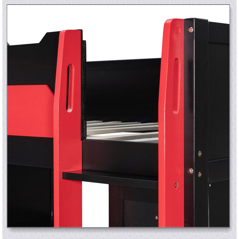 Wood Loft Bed With Desk, Multi-Storage Shelves,USB And RGB Light, Noir / Rouge