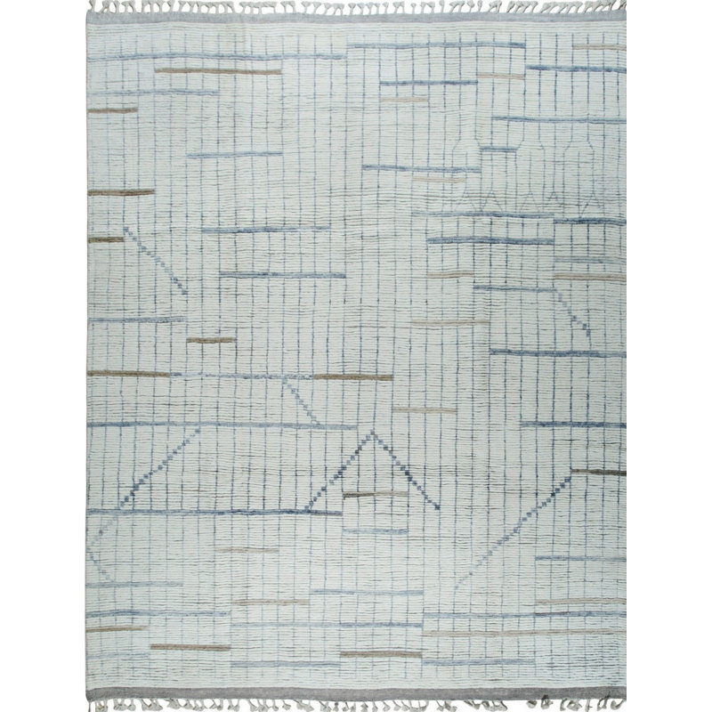 8x11 Ivory Hand-Knotted Wool Staircase Motif Geometric Modern Contemporary Carpet Rug