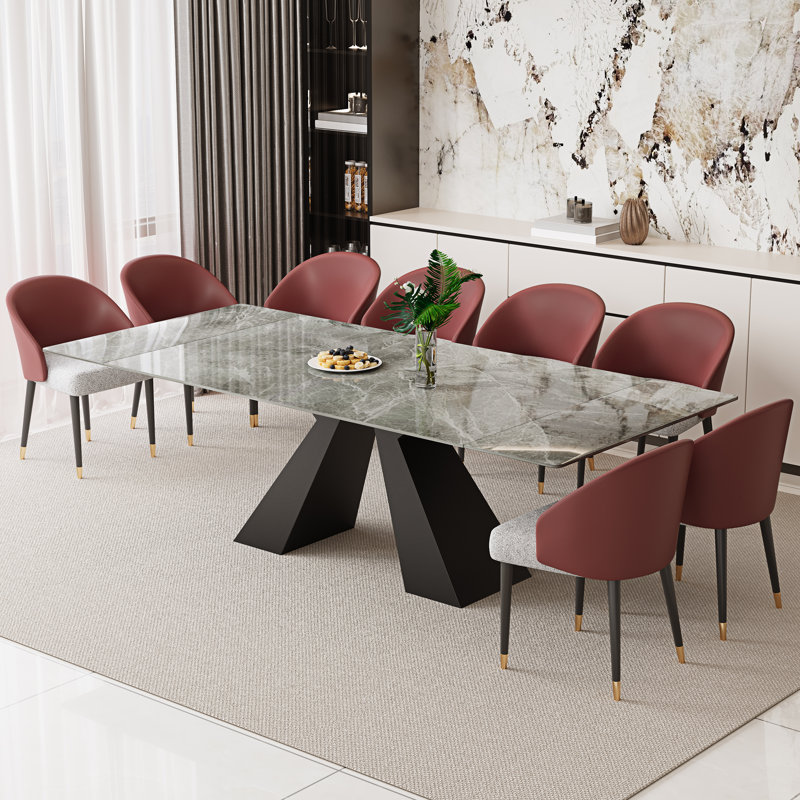 94.5”  Extendable Dining Table Set With Rectangular Sintered Stone Top And 8 Faux Leather Chairs, Red/Gray, Gray