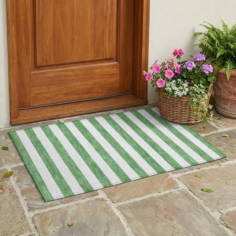 Tapis intérieur / extérieur rayé vert et blanc 2 pi x 3 pi