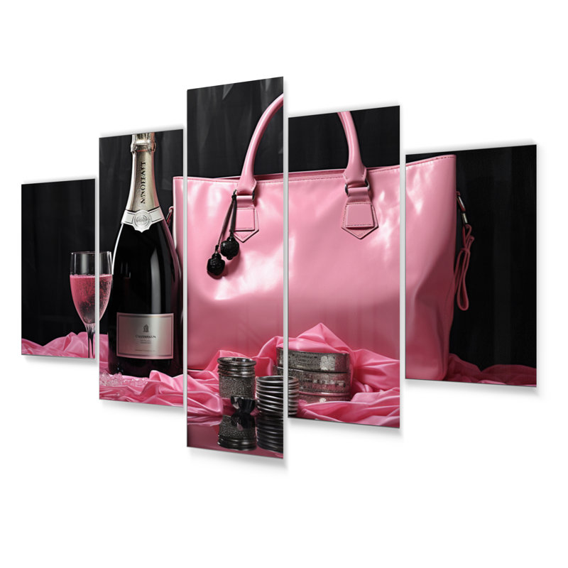 «Pink Fashion Bag & Champagne I», ensemble d'impressions d'art mural en métal