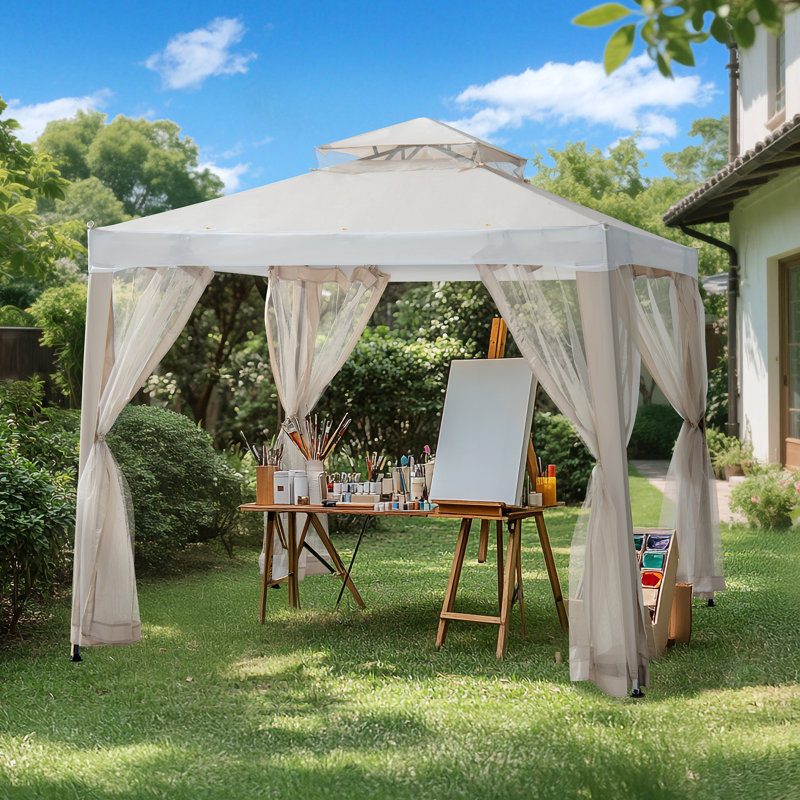 Sunjoy Soft Top Gazebo, Outdoor Patio Backyard Modern 2-Tier Steel Frame Gazebo with Mesh Netting, Beige/White, 8 ft. x 8 ft.