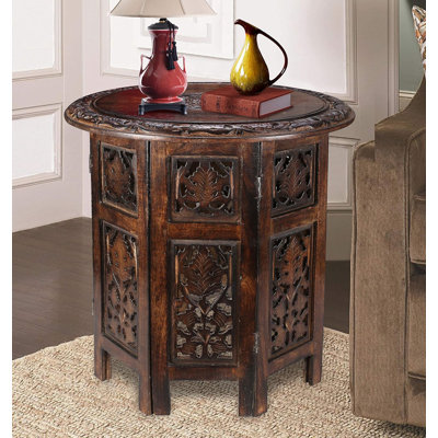 Round Wood Coffee Table - 18” Carved Small Accent Side table with Burnt Finish, Wooden Altar Table, 18” Round Top x 18” Height, Perfect End table for
