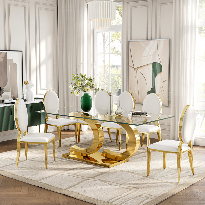 Modern Rectangular Dining Table, 78.7"  Tempered Glass Top and 360° Rotatable Stainless Steel Double "C" Base, Gold