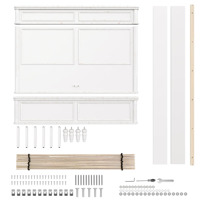 Mid-Century Modern Solid Wood Platform Bed with Cross-patterned Headboard, Distressed White, Queen