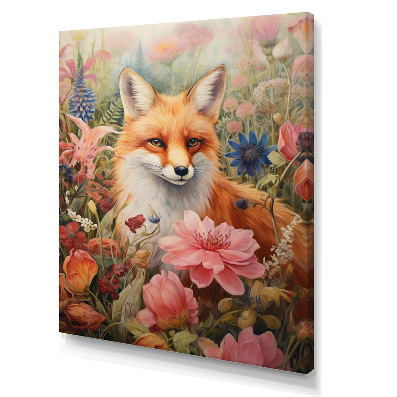Mignon renard orange dans un champ de fleurs, Toile tendue, H 32 po x l 24 po x P 1 po