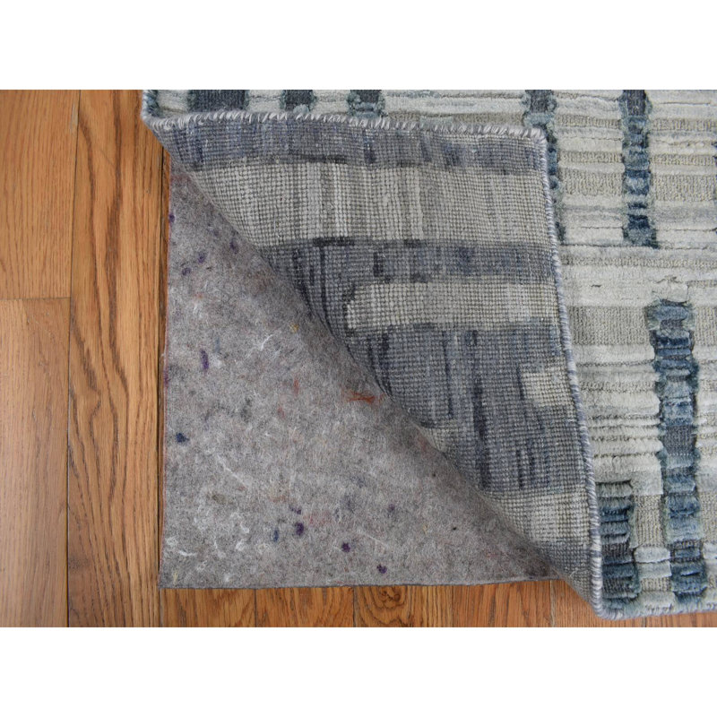 2'6x12'3" Blue Pure Silk and Textured Wool Zigzag with Graph Design Hand Knotted Runner Rug