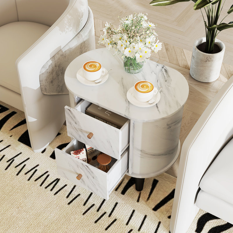 Table de chevet avec table de chevet en faux marbre à 2 tiroirs pour les petits espaces, Ensemble de 2