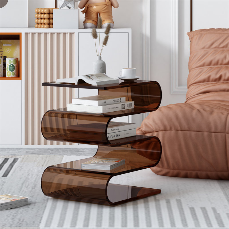 16.1" Modern Italian-Style S-Shaped Acrylic Side Table, Amber Brown Multi-Layer Storage Shelf for Books & Documents, 0.47"  Thick Acrylic Accent Table for Living Room、study & Bedroom