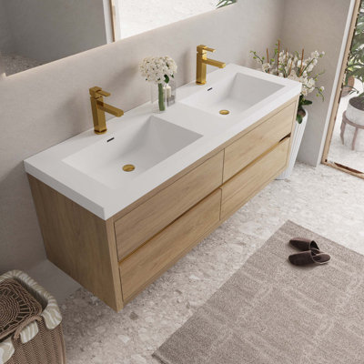 Meuble-lavabo mural avec lavabo, armoire de rangement flottante avec comptoir en résine de pierre et tiroirs à fermeture en douceur