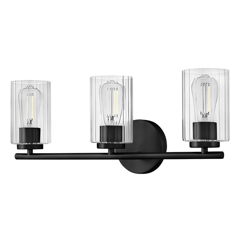 3-Light Bath Vanity Fixture with Clear Ribbed Glass, Black