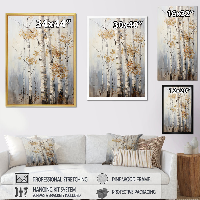 «Silver Tree Birchs Breath» sur toile, H 40 po x l 30 po x P 1,5 po, Cadre flottant doré