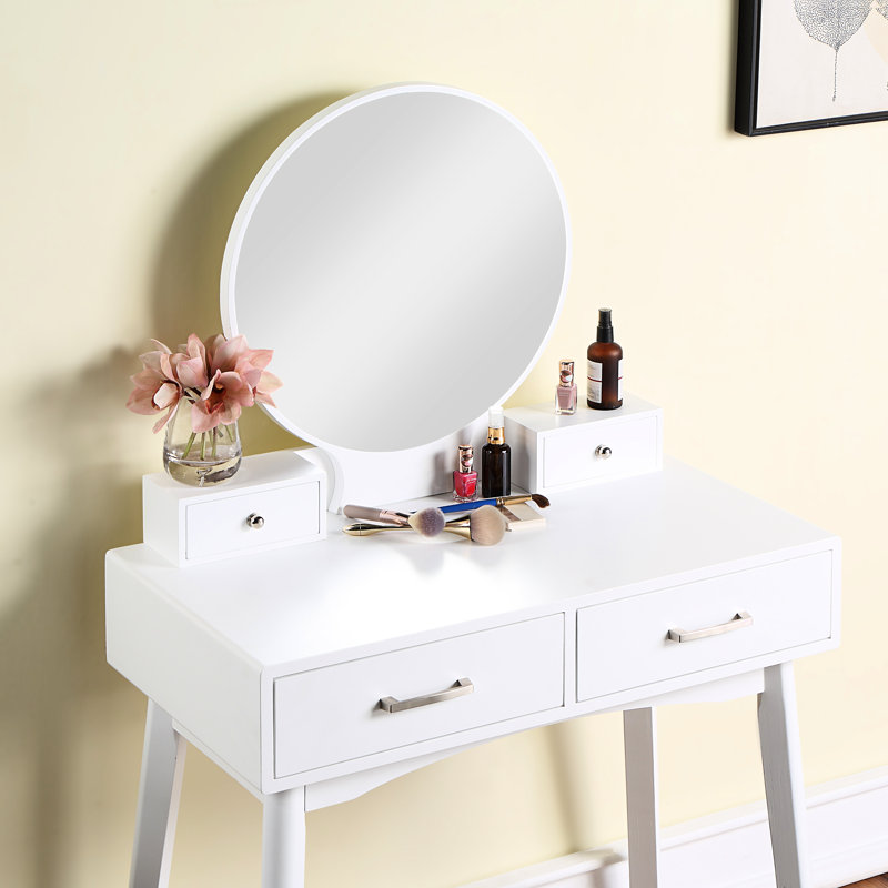 Contemporary Wood Vanity and Stool Set, White