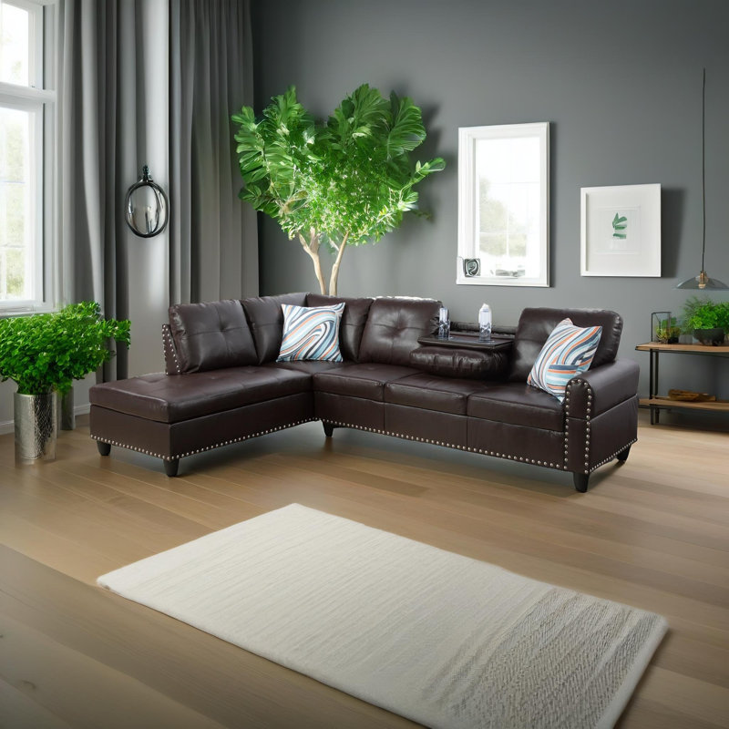 Brown Faux Leather 2-Piece Sectional Sofa Set, Brown Faux Leather