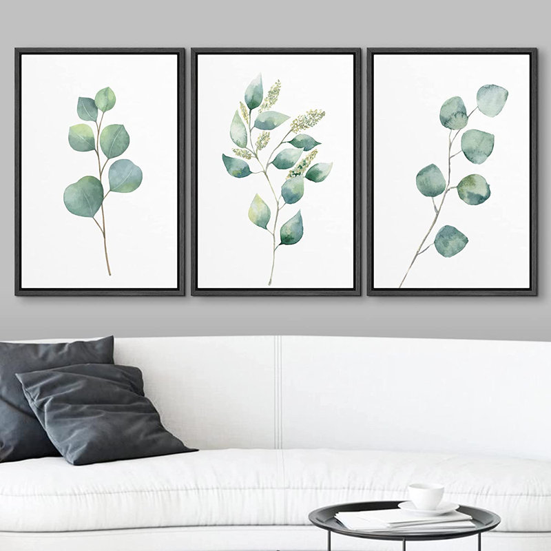Minimal Botanical " IDEA4WALL Canvas Print Wall Art Set Green Watercolor Forest Leaf Collage Nature Floral Illustrations Realism Rustic Scenic Colorful Wilderness for Living Room, Bedroom, Office " 3 Piece Art Print