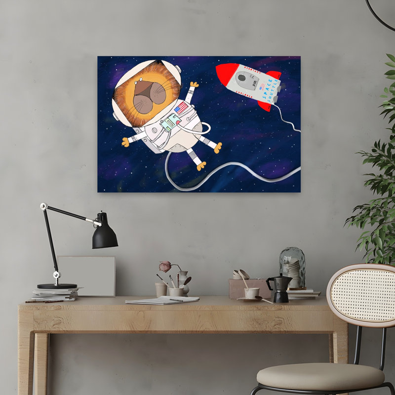 Lion, astronaute, explorateur, fantaisiste, fantaisiste, lion, paysage, impression murale, H 16 po x l 24 po