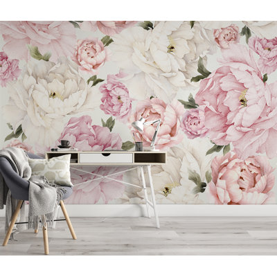 Papier peint amovible floral avec pivoines roses et blanches