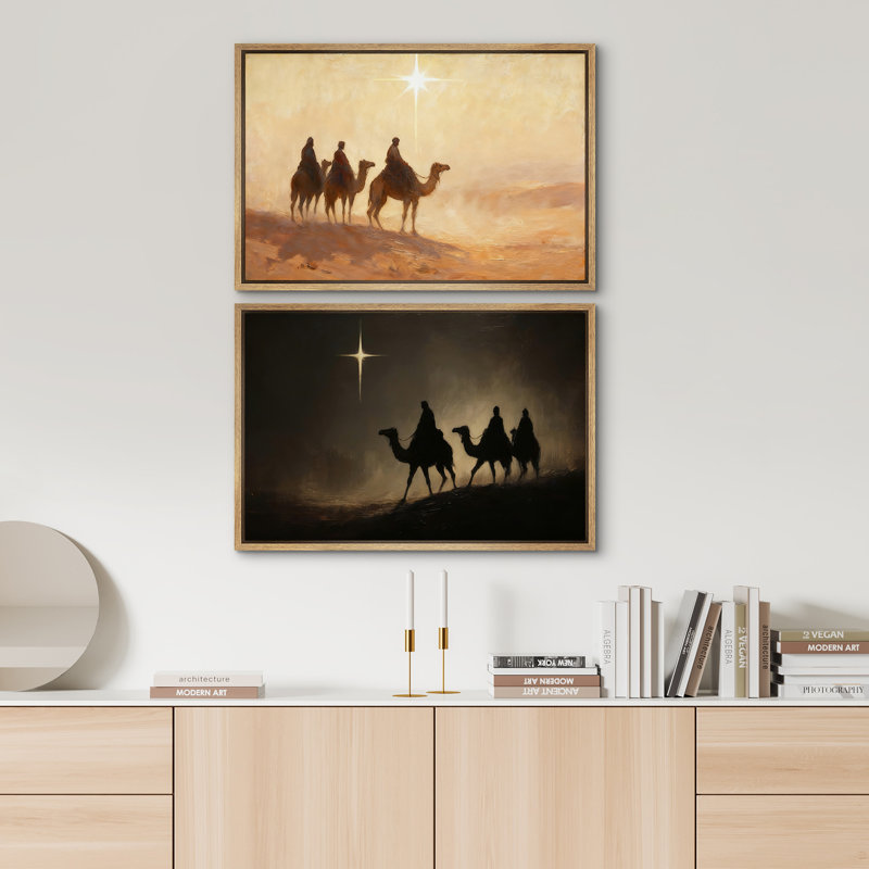 «Three Wise Men Suite the Star Desert Camel Scene», reproduction d'art sur toile encadrée 2 pièces, Cadre flottant naturel