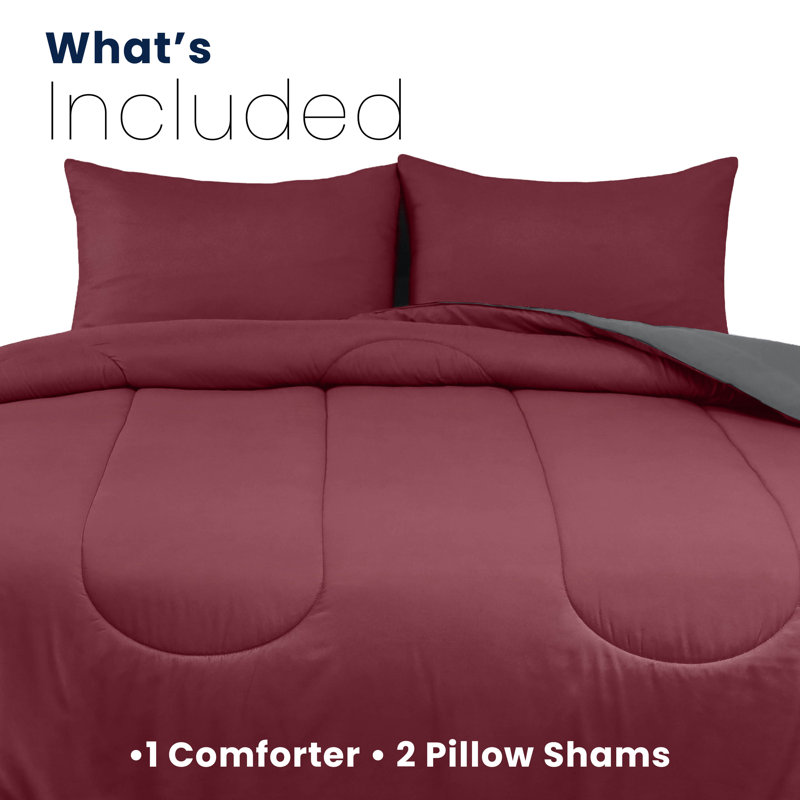 Martex Solid Color Reversible Comforter and Sham Bedding Set Super Soft Brushed Fabric, Burgundy/Grey