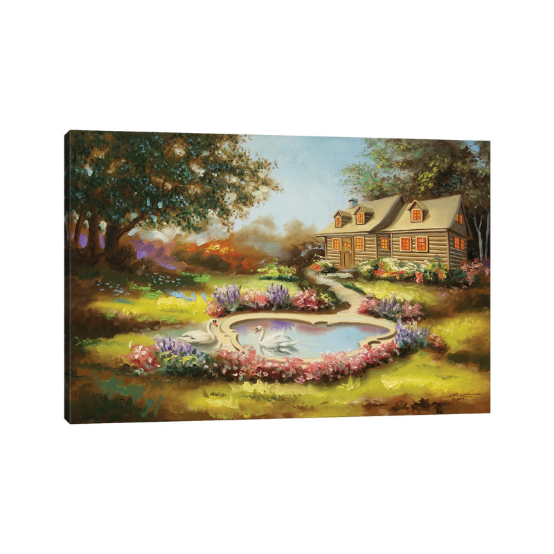 Two Swans And Cabin In Spring by D. "Rusty" Rust - Gallery-Wrapped Canvas Giclée on Canvas, Wrapped Canvas
