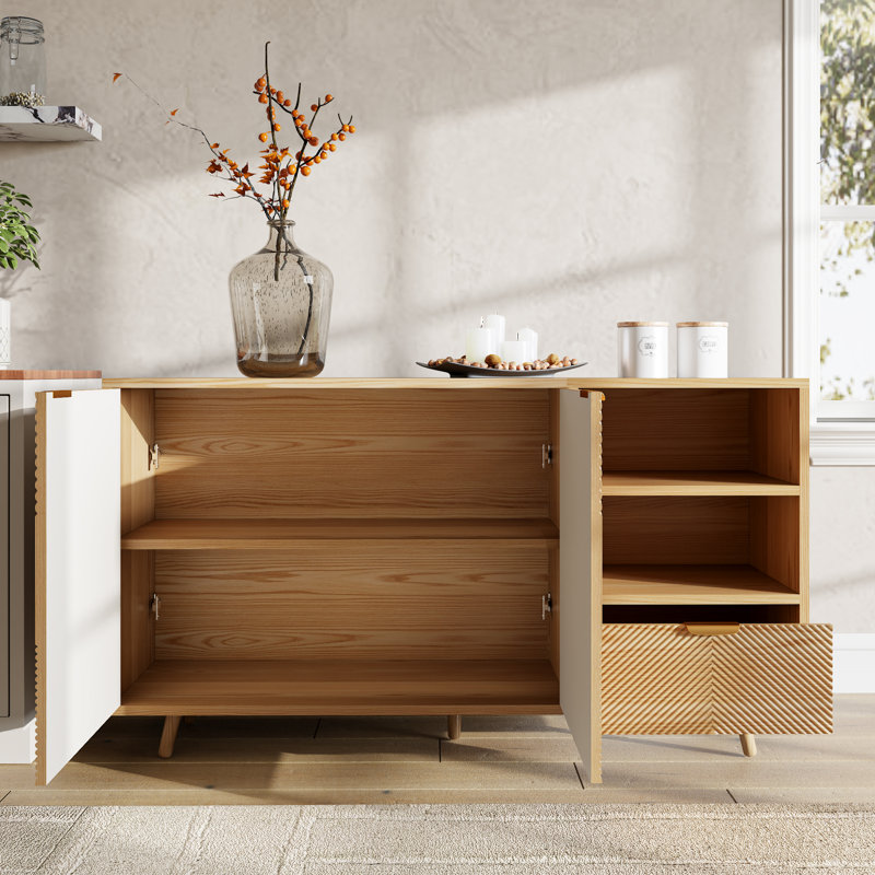 Buffet Mid-Century géométrique en bois avec rangement polyvalent