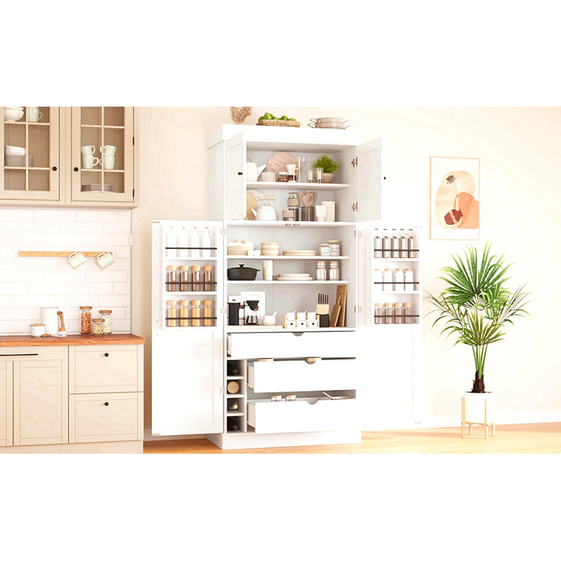 77'' Tall Freestanding Kitchen Pantry, 35''Lx17.7''W Cupboard Storage Cabinet With Adjustable Shelves,Door Shelves, Drawers And Wine Racks