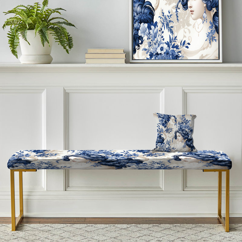 Cobalt Blue Cameo Victorian Pattern - Floral Upholstered Gold Bench