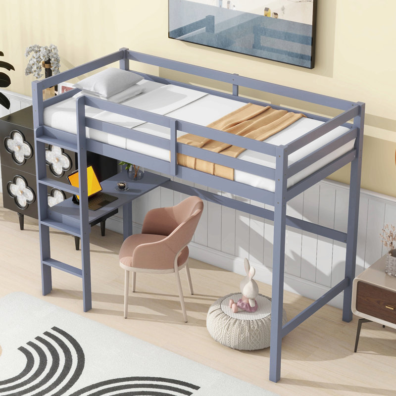 Twin High Loft Bed, Rubber Wood  Loft Bed With Safety Guardrail, Built-In Desk, Ladder, Gray