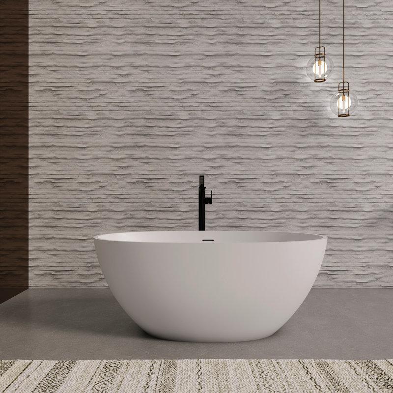 55 Inch Freestanding Solid Surface Soaking Bathtub For Bathroom, Black