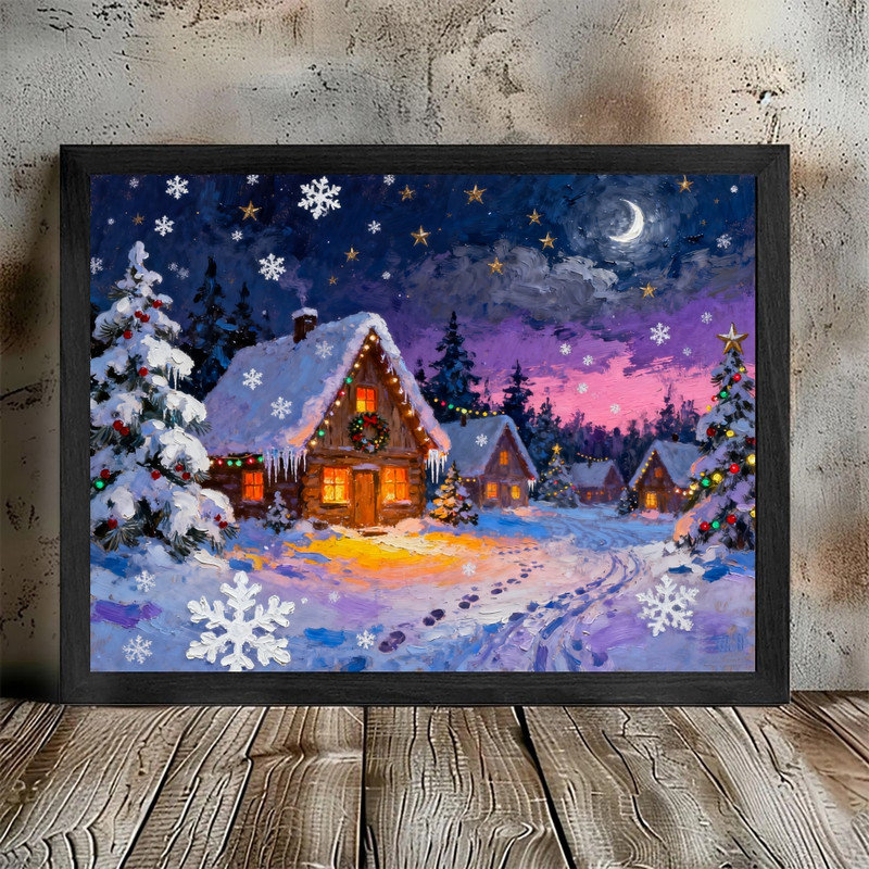 Impression sur toile encadrée noire, village de Noël impressionniste, nuit d'hiver enneigée, H 37 po x l 25 po