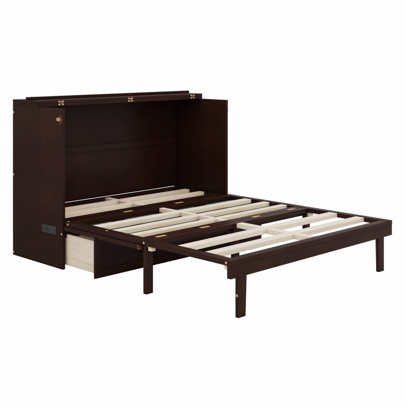 Grand lit escamotable en bois de pin grand format - conception d'armoire, centrale électrique et panneau de décoration en rotin