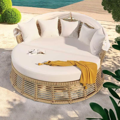 Outdoor Patio Rattan Round Daybed with Retractable Canopy and Cushions