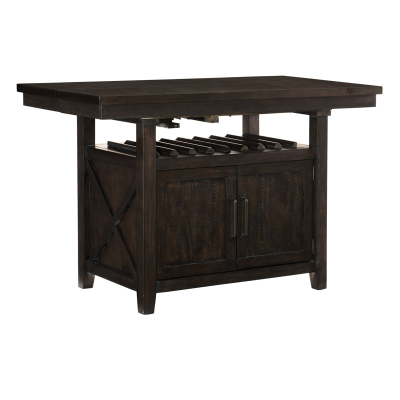 Table rectangulaire avec support à vin, rallonge papillon et armoire de rangement, finition cerisier foncé, comptoir, espace de rangement pour salle à manger rustique, 8 bouteilles