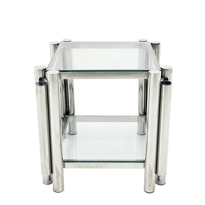 Table de bout carrée moderne de 20 pouces, en acier inoxydable avec verre transparent à deux couches, rangement de table d'appoint pour bureau à domicile, salon de style industriel,