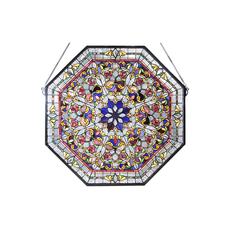 Victorian Front Hall Floral Stained Glass Window, 25" H x 25" W, Blue / Pink