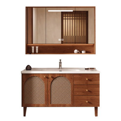 Armoire de salle de bain autoportante moderne minimaliste avec porte arquée en rotin, lavabo en céramique et armoire à miroir DEL Smart Touch