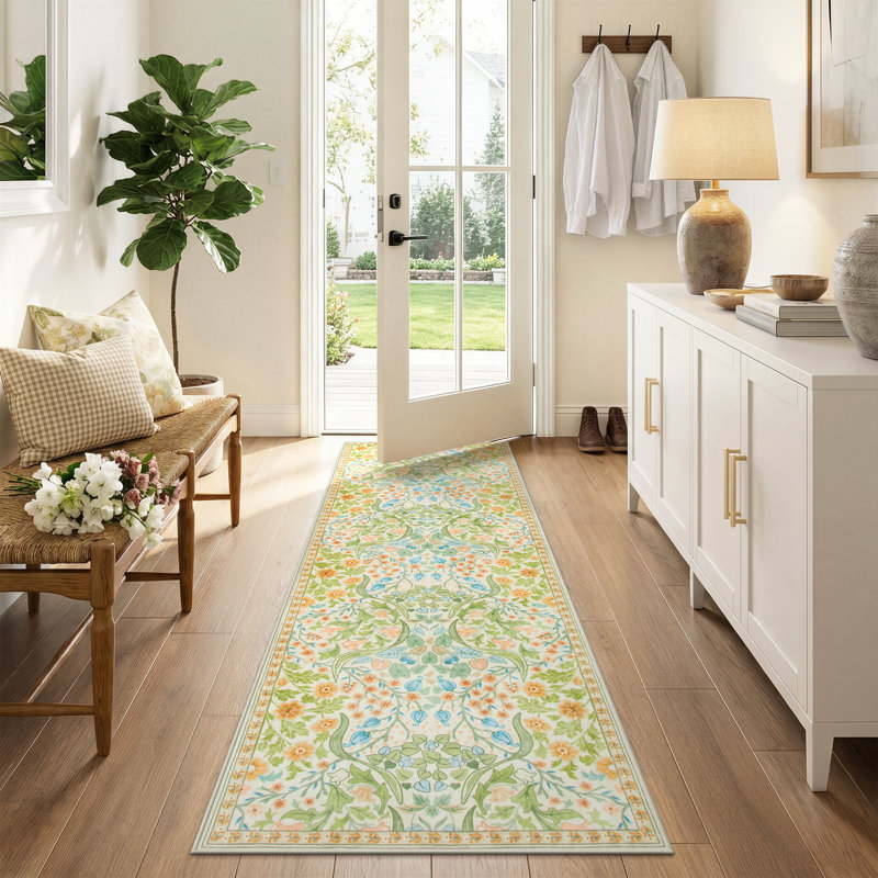 Tapis lavable à motif floral Kaldi, Tapis de couloir 2 pi x 6 pi, Sarcelle