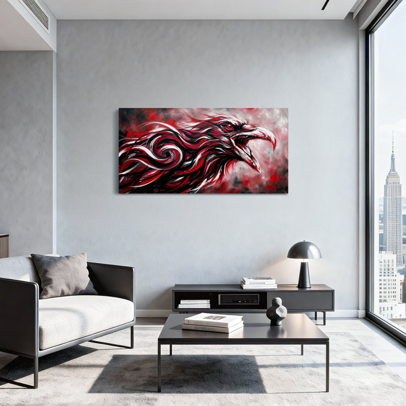 Animaux, rouge, noir, blanc, faucon, art abstrait, H 16 po x l 32 po