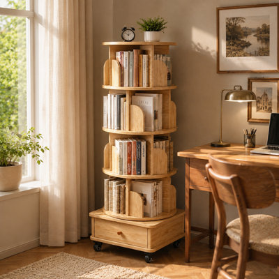 Bibliothèque à 5 niveaux avec tour pivotante à finition en bois et roulettes (pivotant à 360 °)