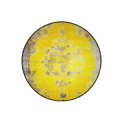 Yellow Themed Traditional Motif Patterned Round Woven Base Vintage Decorative Carpet