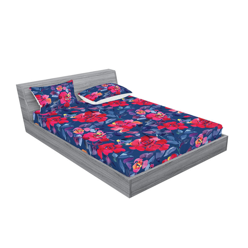 Drap-housse et taies décoratives 3 pièces Ambesonne, Rose vif, bleu ciel foncé / floral