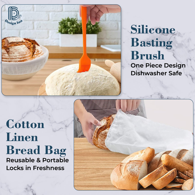 Bread Proofing Basket Set: 10" Oval & 9" Round with Liners, Dough Whisk, Lame, Scrapers & Sling