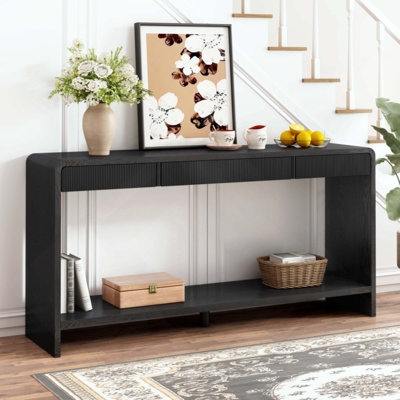 Console moderne à 3 tiroirs avec lattes verticales, conception à bord arrondi, parfaite pour le vestibule, le couloir ou derrière le canapé