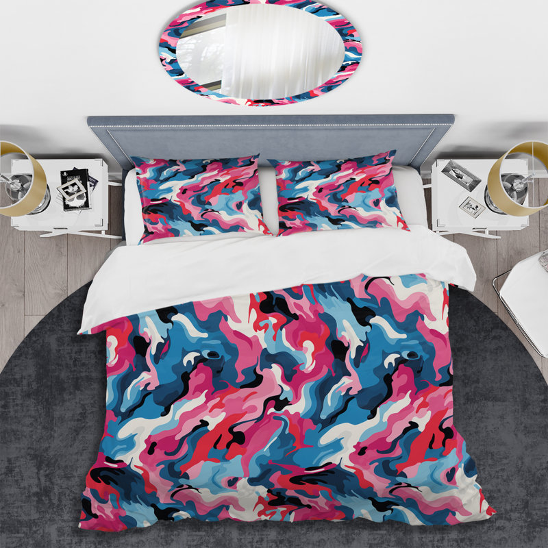 Ensemble tribal rose et bleu - Ensemble de housse de couette abstrait - Microfibre de polyester