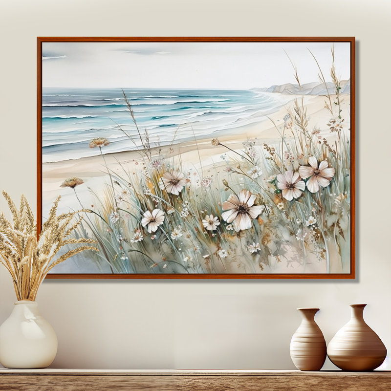 Fleurs sauvages sur la plage - Fleurs sauvages encadrées, H 34 po x l 44 po x P 1,5 po, Cadre flottant brun