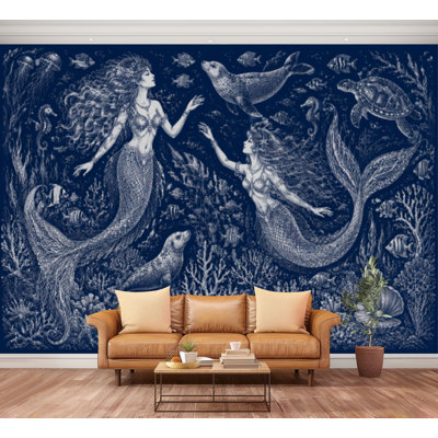 Papier peint auto-adhésif, bleu océan, poissons de mer profond, algues, corail, créatures aquatiques, papier autocollant amovible, décoration murale pour salon, chambre à coucher H 100 po x l 144 po